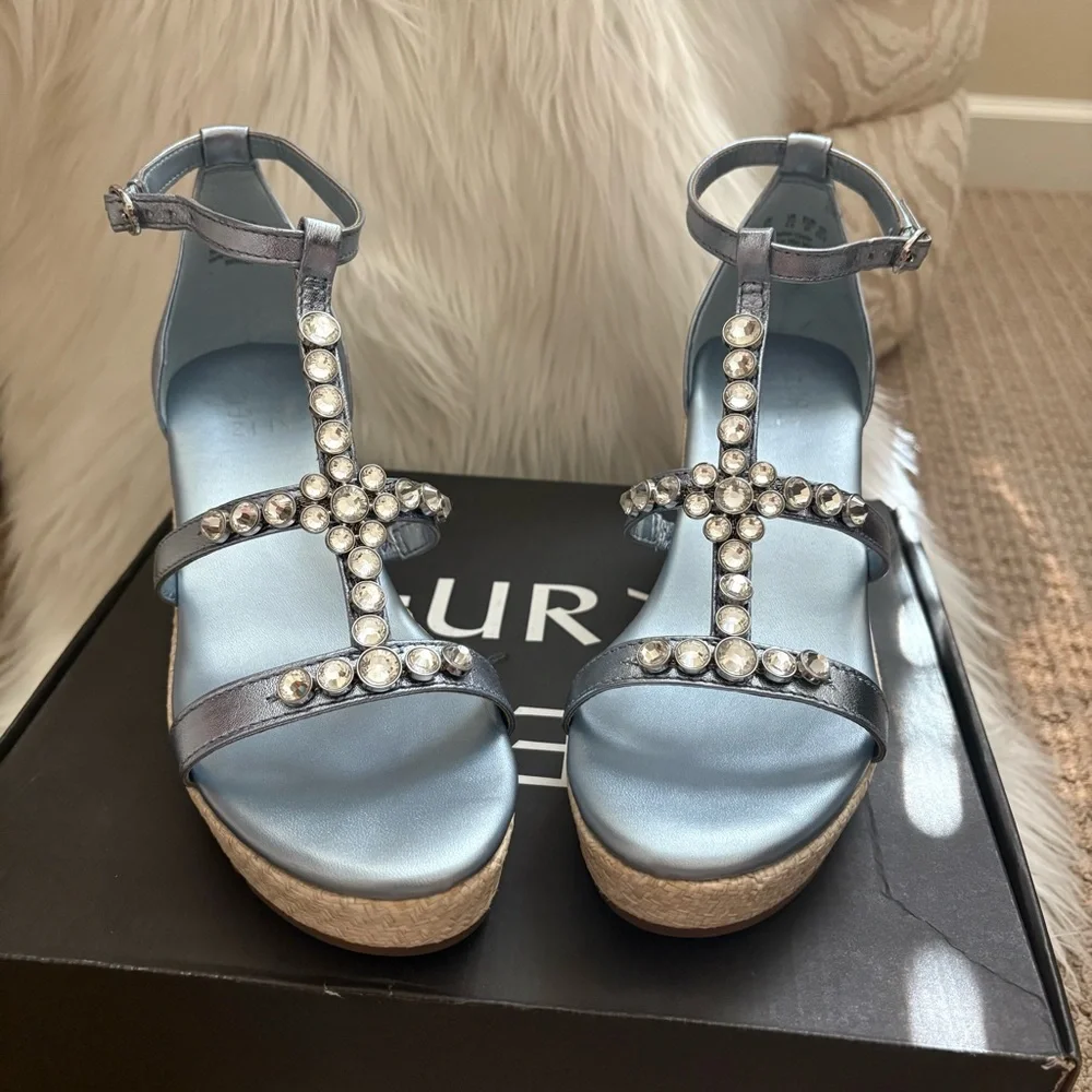 Naturalizer Serena Blue Metallic Strappy Wedge Sandal Y2k
